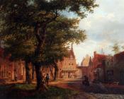 巴斯勒莫斯 约翰内斯 范 霍夫 : A Village Square With Villagers Conversing Under Trees